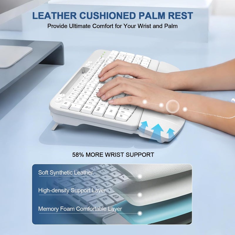 EAYBLLY Ergonomic Wireless Keyboard with Cushioned Wrist Rest, Wave Keys, Phone Holder, Comfortable Natural Typing, 2.4GHz Full Size Cordless USB Computer Keyboard for Windows, Mac OS, Laptop, PC (White) - Image 3